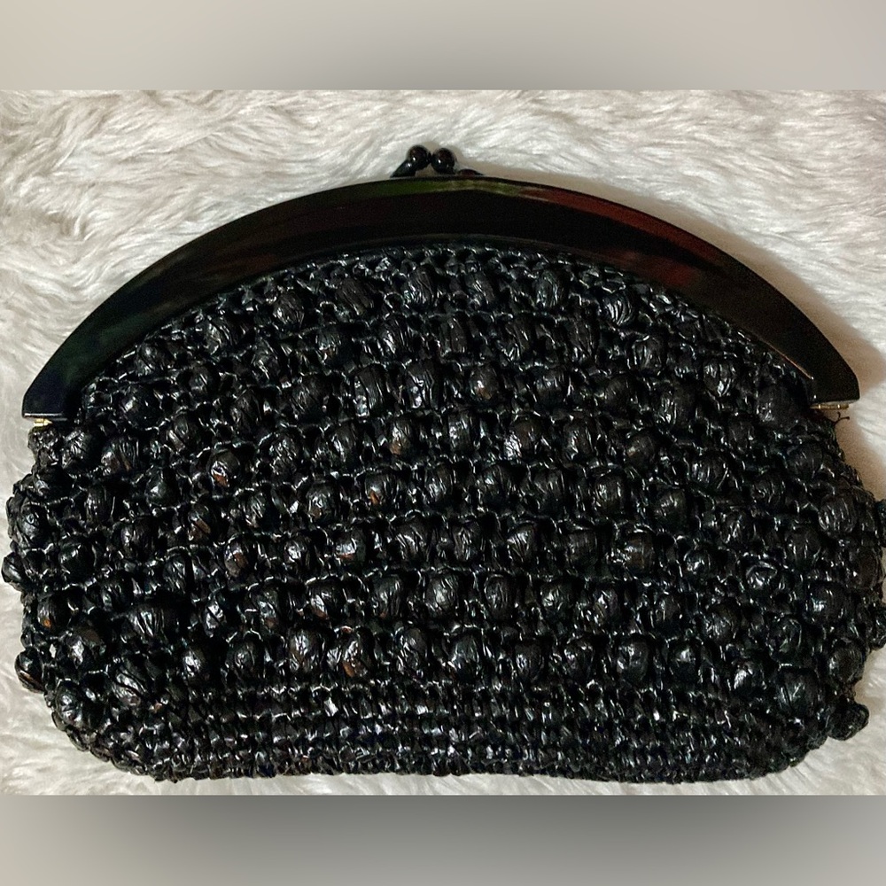Raffia Clutch Handbag Popcorn Pattern Black 1960s